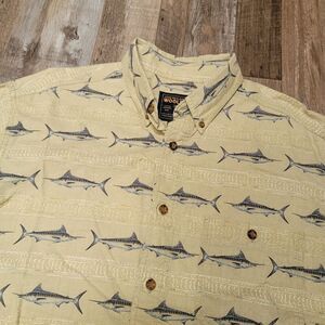 Woolrich Swordfish Fishing Shirt Mens Large Beige Short Sleeve Camp Button Down